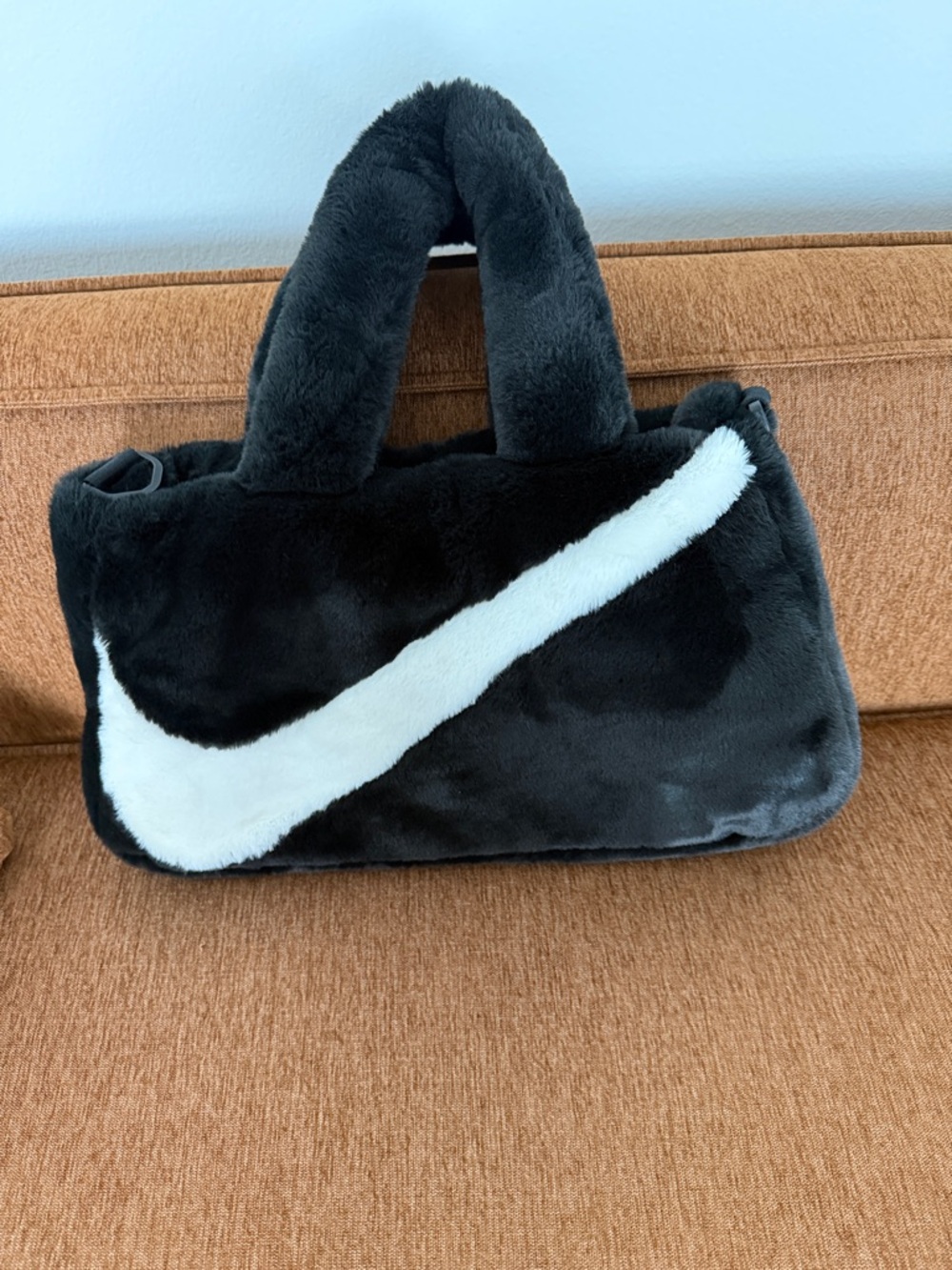 Nike Black Faux Fur Shoulder Bag with White Swoosh